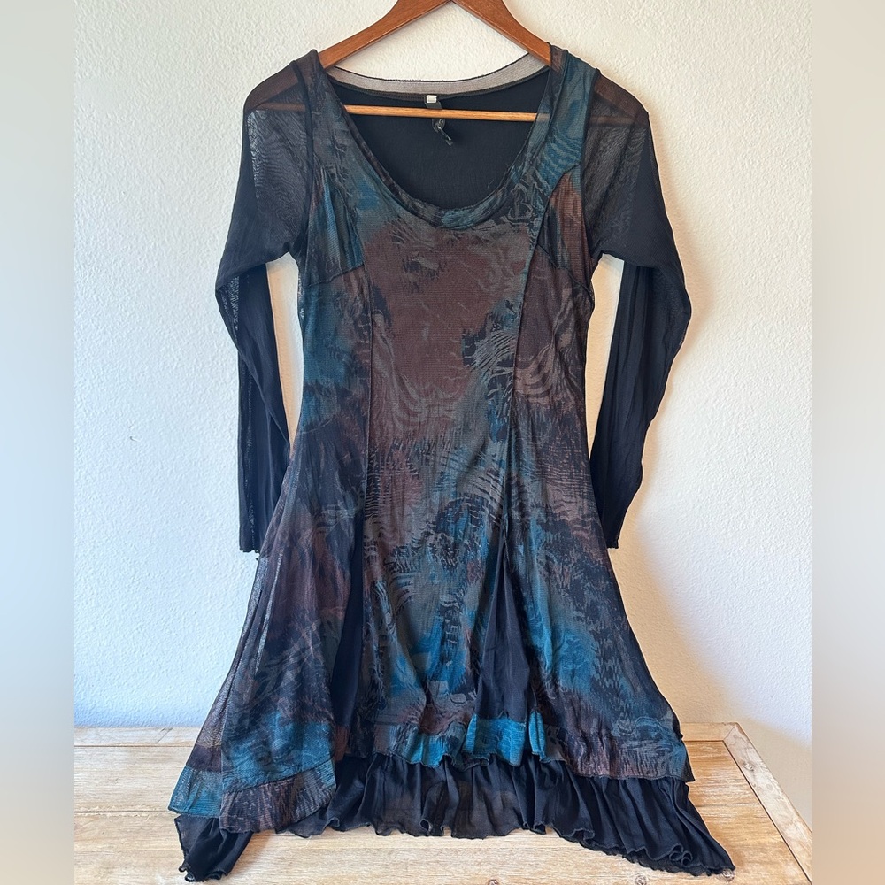 Inizio Black Blue Brown Long Sleeve Dress Size Medium
